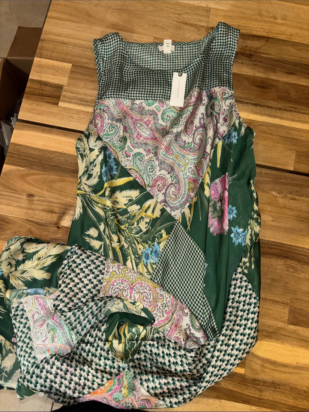 Anthropologie Green Multi-Print Sleeveless Patchwork Tunic